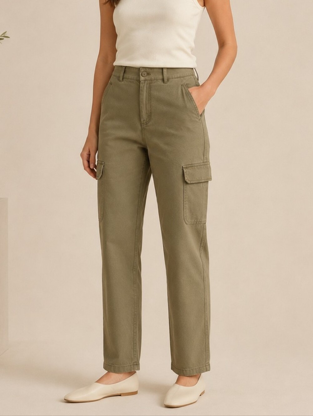 NEW Quince Olive Kakhi Cargo High Rise  Straight Leg Cropped Pants Size 29